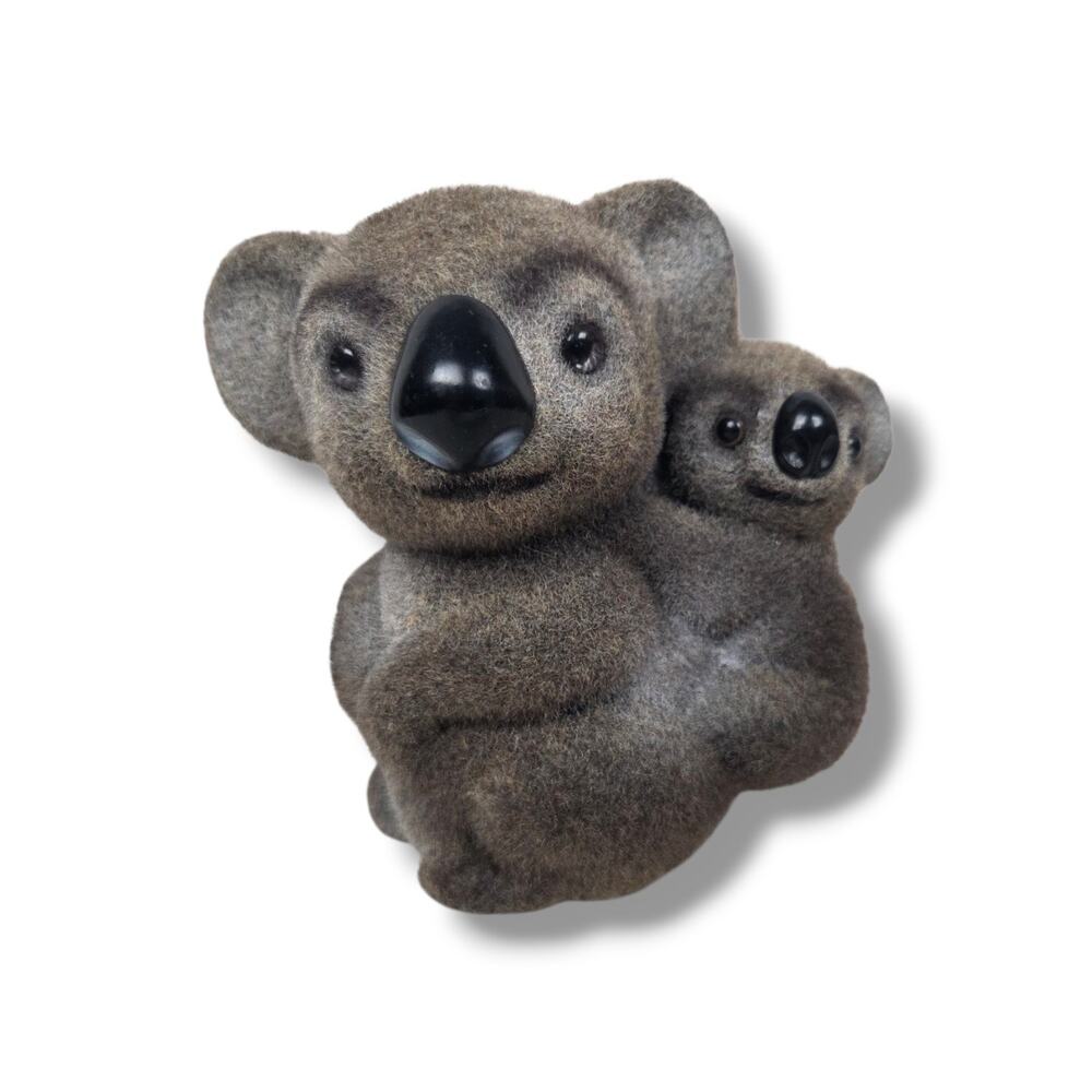 Vintage Koala Bear Piggy Bank Blow Mold Flocked Mama Baby Bears 1980s Coin Saver